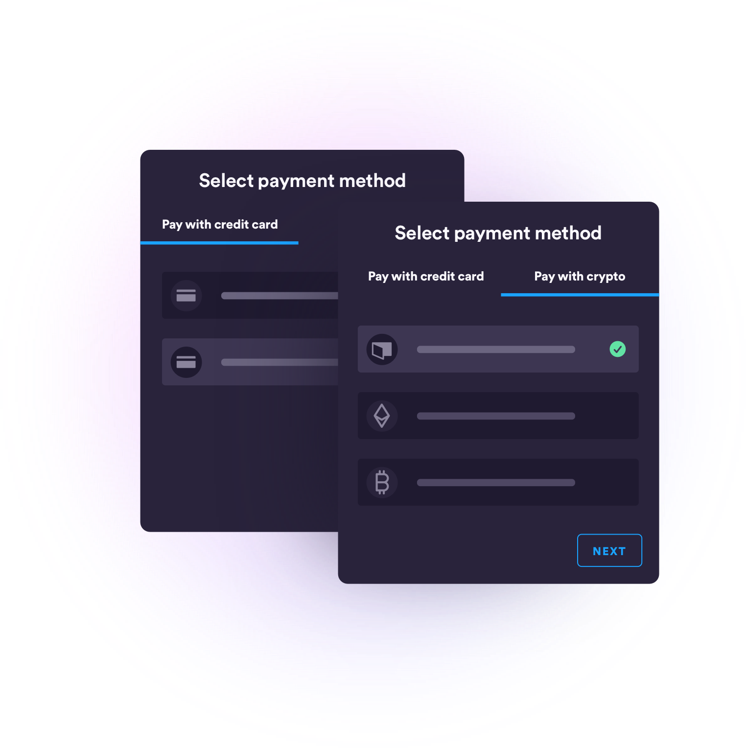 Select payment method - pay with credit card or pay with crypto
